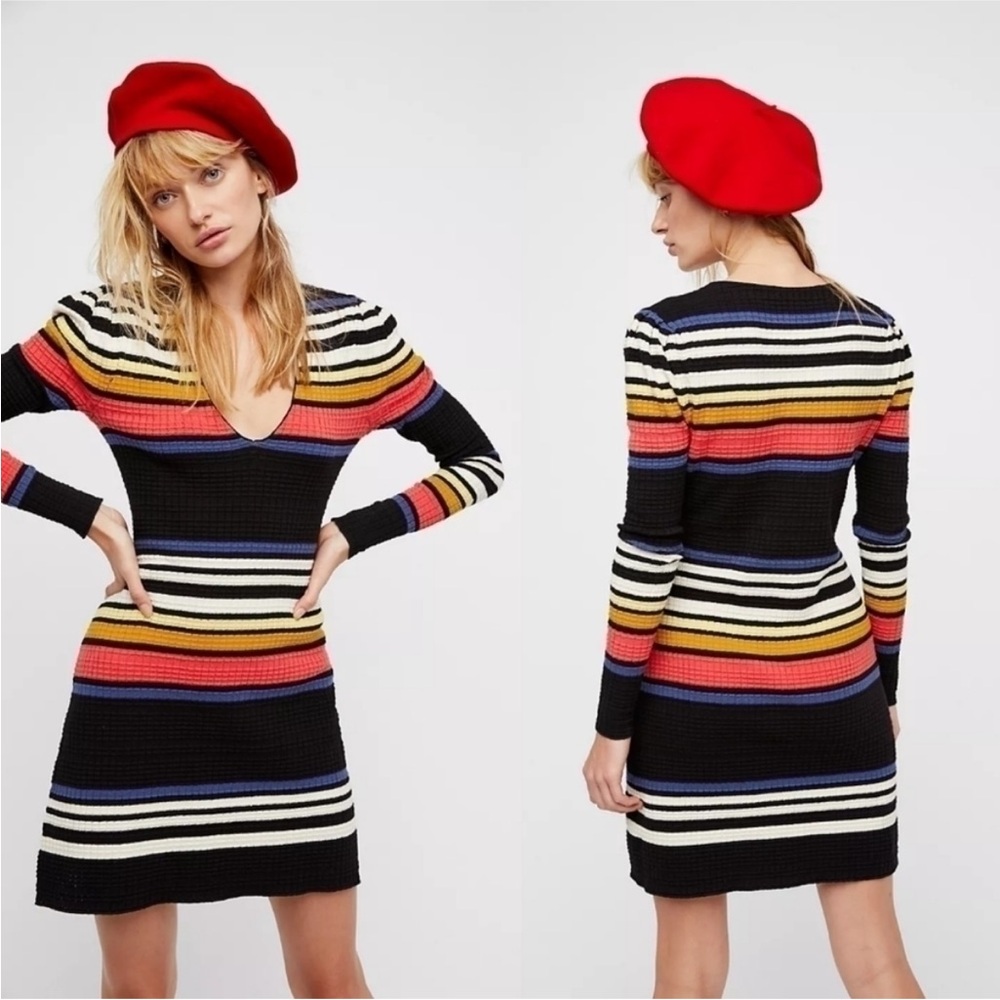 Free People Striped Gidget Waffle Knit Retro Mini Black Colorful Stretch Large
